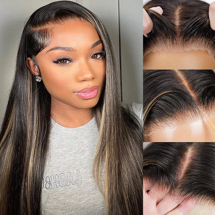Balayage Pre All Glueless Wig P1B/27 Highlight Blonde Body Wave/Straight Human Hair Wigs 13x4 HD Lace Wig - Image 5