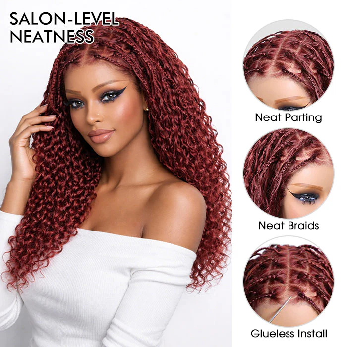 Boho Braided Drawstring Wig Reddish Brown 13x6 HD Lace Easy Pull Go Glueless Wig - Image 3