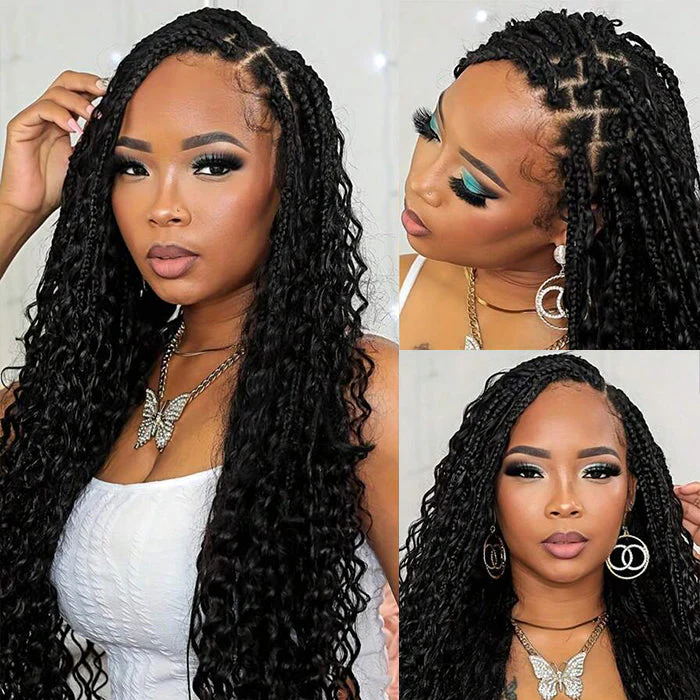 Braided Glueless Wig Drawstring Cap 13x6 HD Lace Front Knotless Boho Curls Human Hair Wigs - Image 6