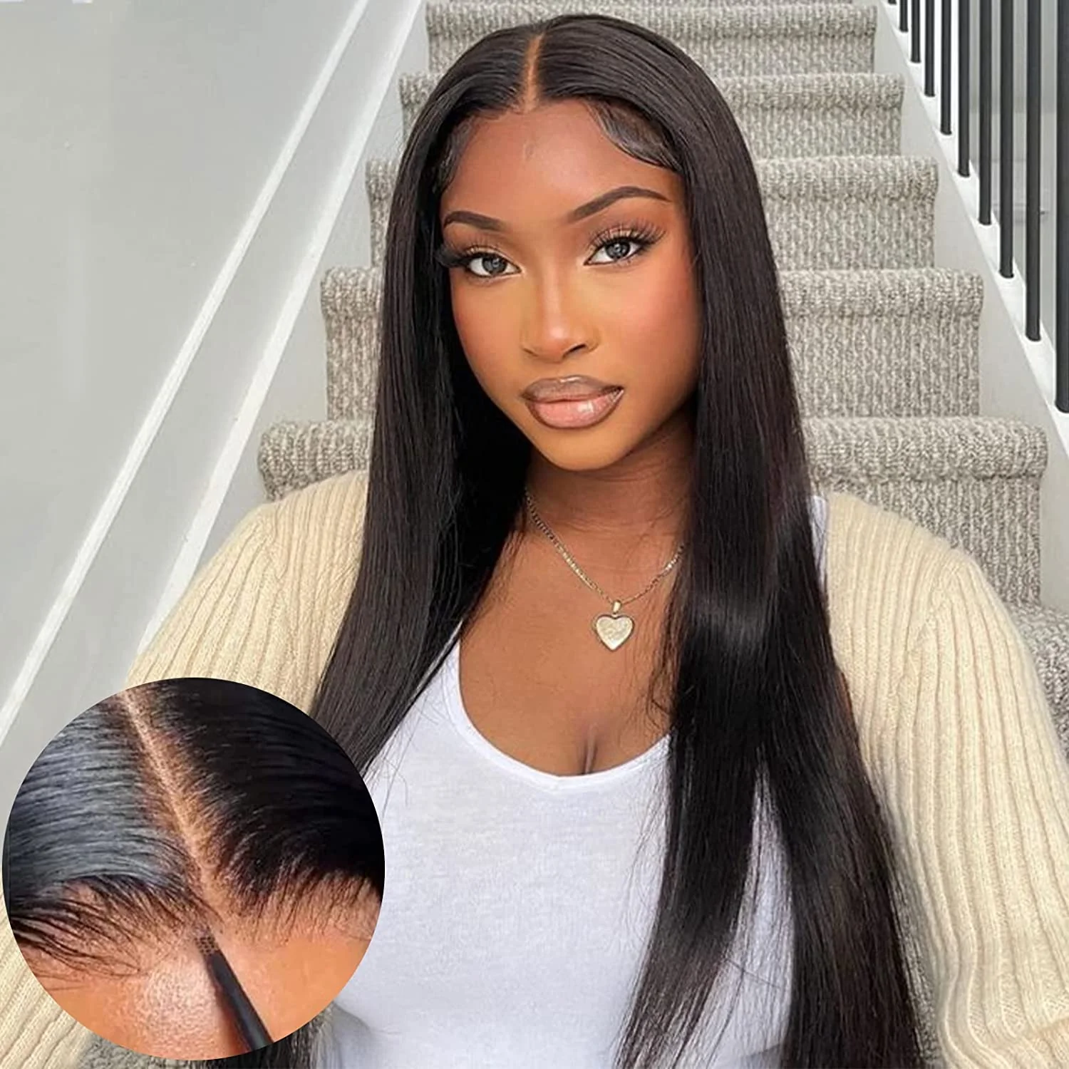 Air Wig Breathable Cap Pre Cut 4X4 HD Lace Closure Wigs Straight Human Hair Wigs - Image 3