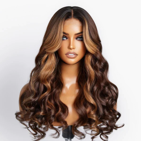Brown Highlight Loose Wave Wigs 5x5/13x4/13x6 HD Lace Wig With Curtain Bangs - Image 3