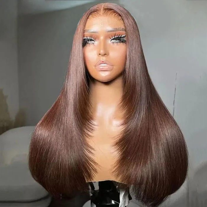 Chocolate Brown Glueless Straight Layered Cut 13x4/13x6 Lace Front Human Hair Wigs High Density - Image 4