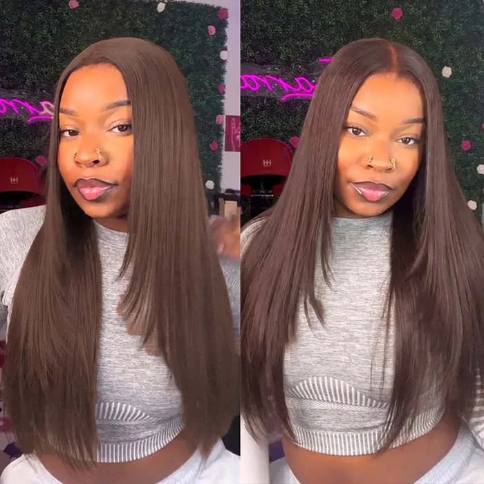 Chocolate Brown Glueless Straight Layered Cut 13x4/13x6 Lace Front Human Hair Wigs High Density - Image 6