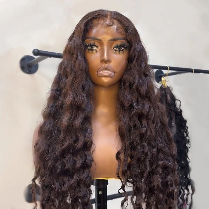 Chocolate Brown Water Wave 4B 4C Hairline Kinky Edges Human Hair Wigs Glueless Put On Go Wig - Image 3
