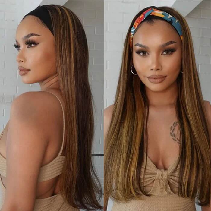 #4/27 Mix Color Highlights Headband Wigs 100% Virgin Human Hair No Gel No Glue Silk Scarf Wigs - Image 4