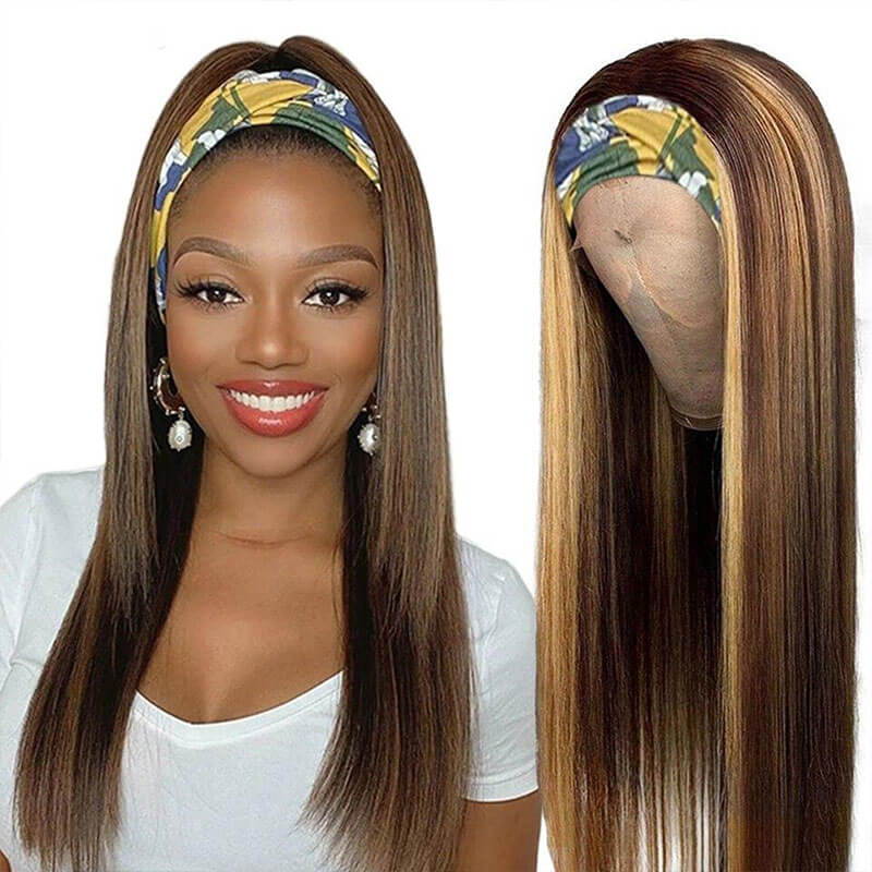 #4/27 Mix Color Highlights Headband Wigs 100% Virgin Human Hair No Gel No Glue Silk Scarf Wigs - Image 6