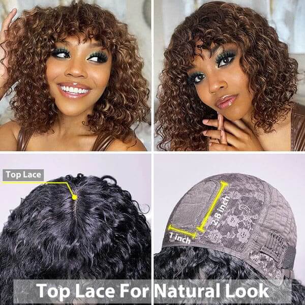 Curly Bob Wig With Bangs Full Machine Made For Women Fringe Wigs Non-Lace Wig - Image 5