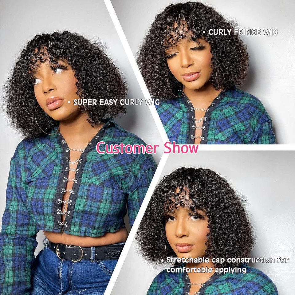 Curly Bob Wig With Bangs Full Machine Made For Women Fringe Wigs Non-Lace Wig - Image 6