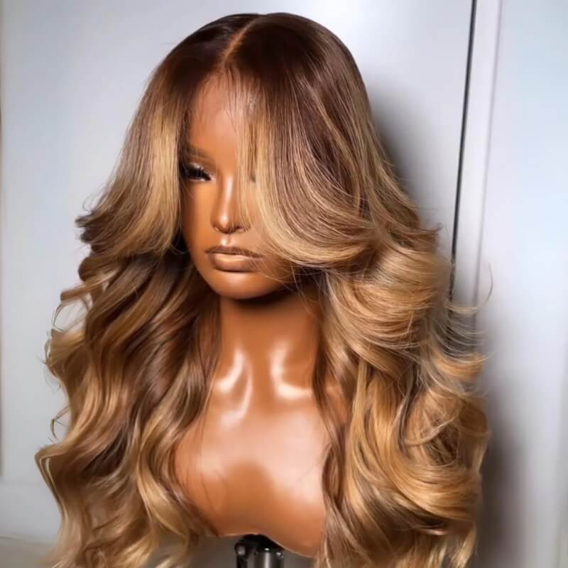 Curtain Bangs Body Wave Human Hair Wig Blonde Highlight 13x4 HD Lace Frontal Wig - Image 3