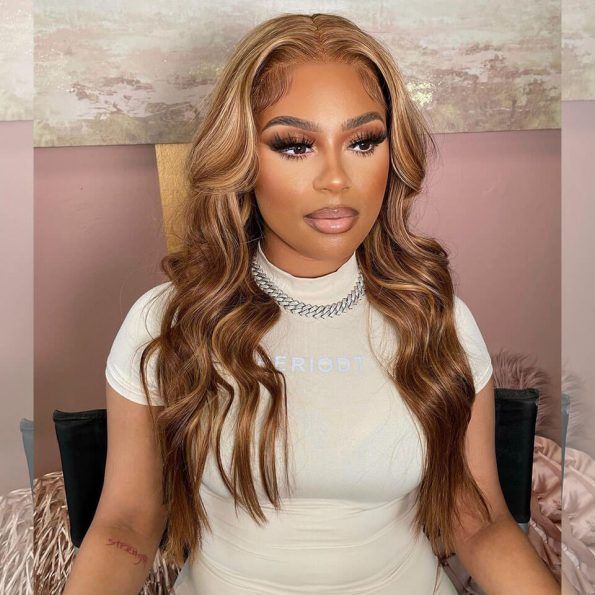 Curtain Bangs Body Wave Human Hair Wig Blonde Highlight 13x4 HD Lace Frontal Wig - Image 4