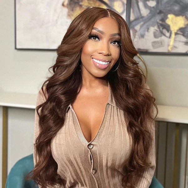 Curtain Bangs Glueless HD Lace Wig Chic Retro Chestnut Brown Body Wave Human Hair Wigs - Image 3