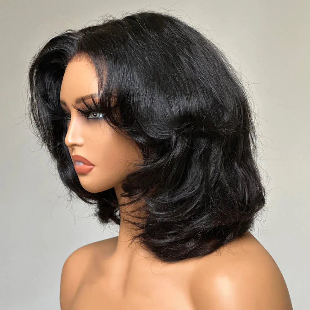 Curtain Bangs Short Wig Chic Retro Body Wave Glueless HD Lace Human Hair BOB Wigs - Image 3