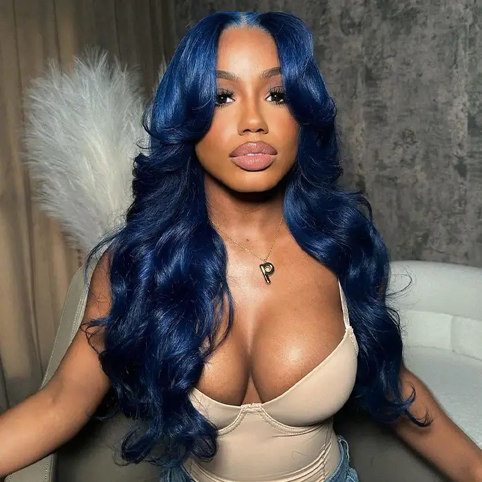 Curtain Bangs Wigs Blue Colored Body Wave Human Hair Wig 13x4/5x5 HD Lace Closure Human Hair Wig - Image 3
