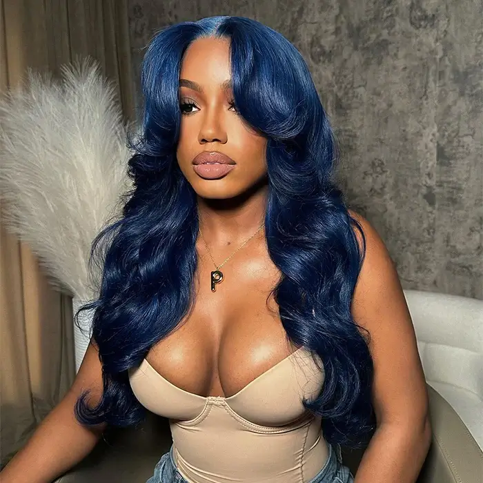 Curtain Bangs Wigs Blue Colored Body Wave Human Hair Wig 13x4/5x5 HD Lace Closure Human Hair Wig - Image 4