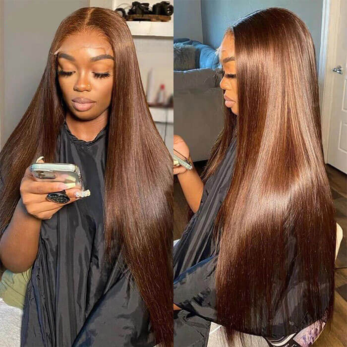 Dark Brown Colored Wigs Straight Hair Brown Human Hair Wig HD Transparent 4x4 Lace Closure Wig - Image 4