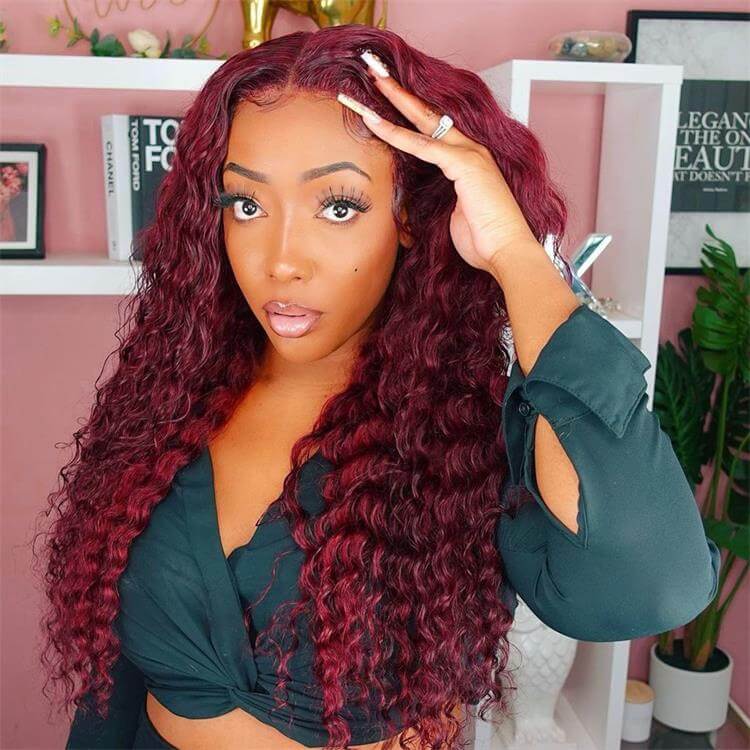 Deep Wave 13x4 HD Lace Front Wigs Burgundy 99J Color Human Hair Wigs With Pre-plucked Hairline - Image 3