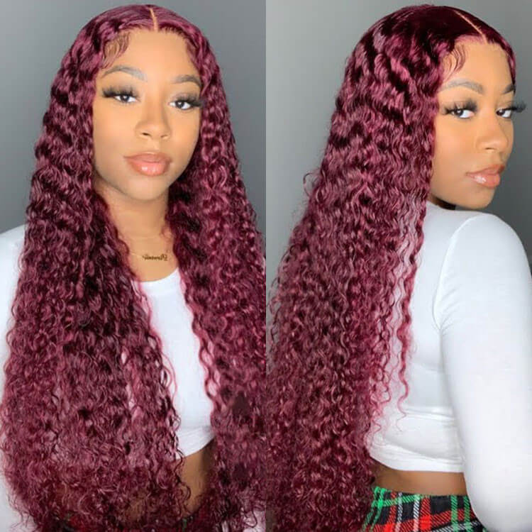 Deep Wave 13x4 HD Lace Front Wigs Burgundy 99J Color Human Hair Wigs With Pre-plucked Hairline - Image 4