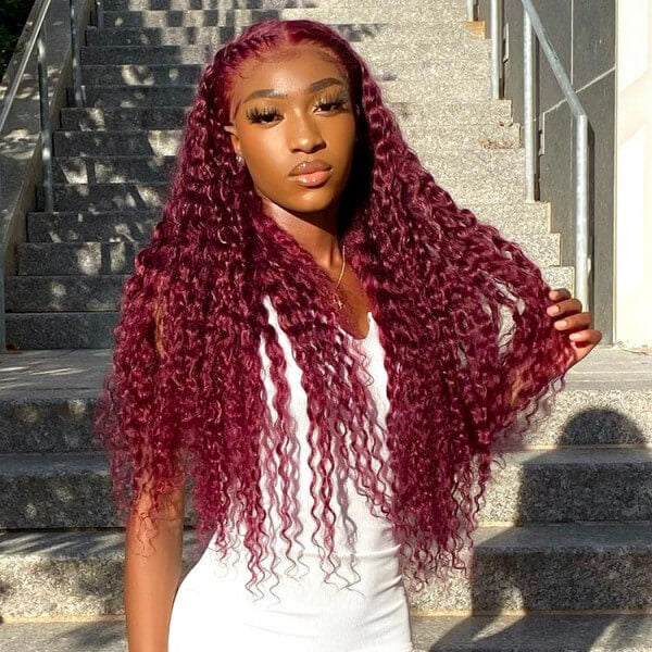 Deep Wave 13x4 HD Lace Front Wigs Burgundy 99J Color Human Hair Wigs With Pre-plucked Hairline - Image 5