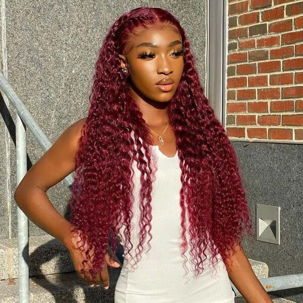 Deep Wave 13x4 HD Lace Front Wigs Burgundy 99J Color Human Hair Wigs With Pre-plucked Hairline - Image 6