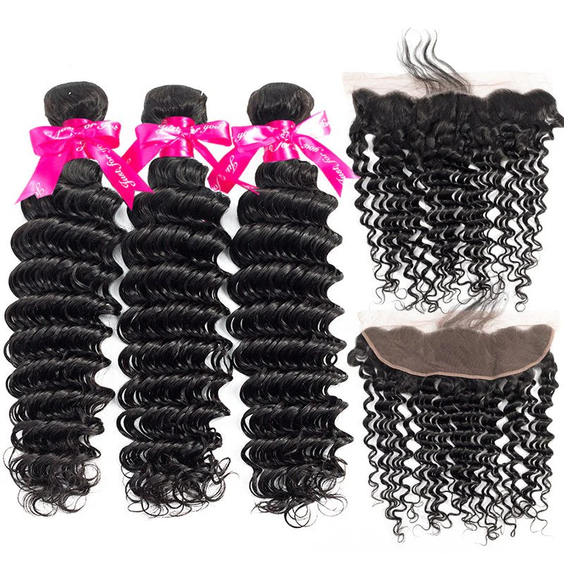 Deep Wave Virgin Hair Weave 3 Bundles With 13*4 Lace Frontal - Image 2