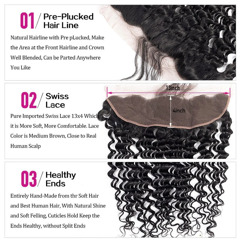 Deep Wave Virgin Hair Weave 3 Bundles With 13*4 Lace Frontal - Image 7