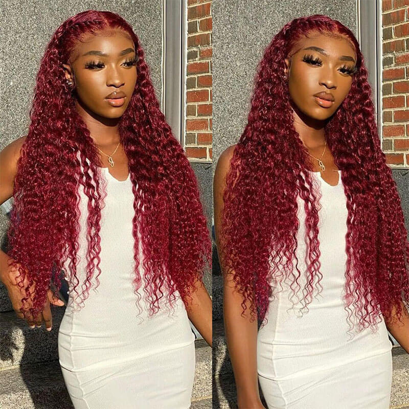 Deep Wave 4x4 HD Lace Closure Wigs Burgundy 99J Color Human Hair Wigs With Pre-plucked Hairline - Image 3