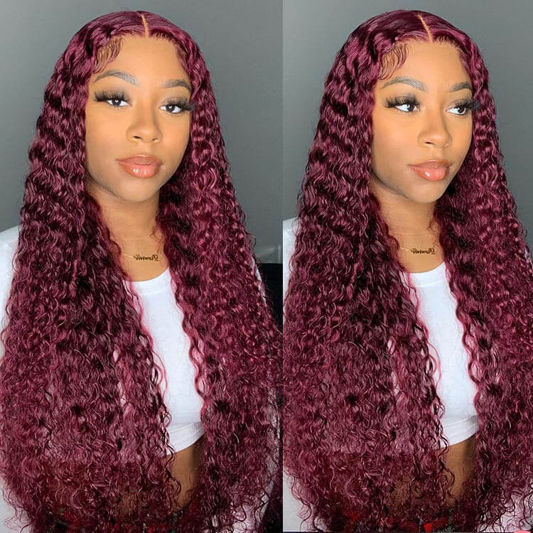 Deep Wave 4x4 HD Lace Closure Wigs Burgundy 99J Color Human Hair Wigs With Pre-plucked Hairline - Image 5