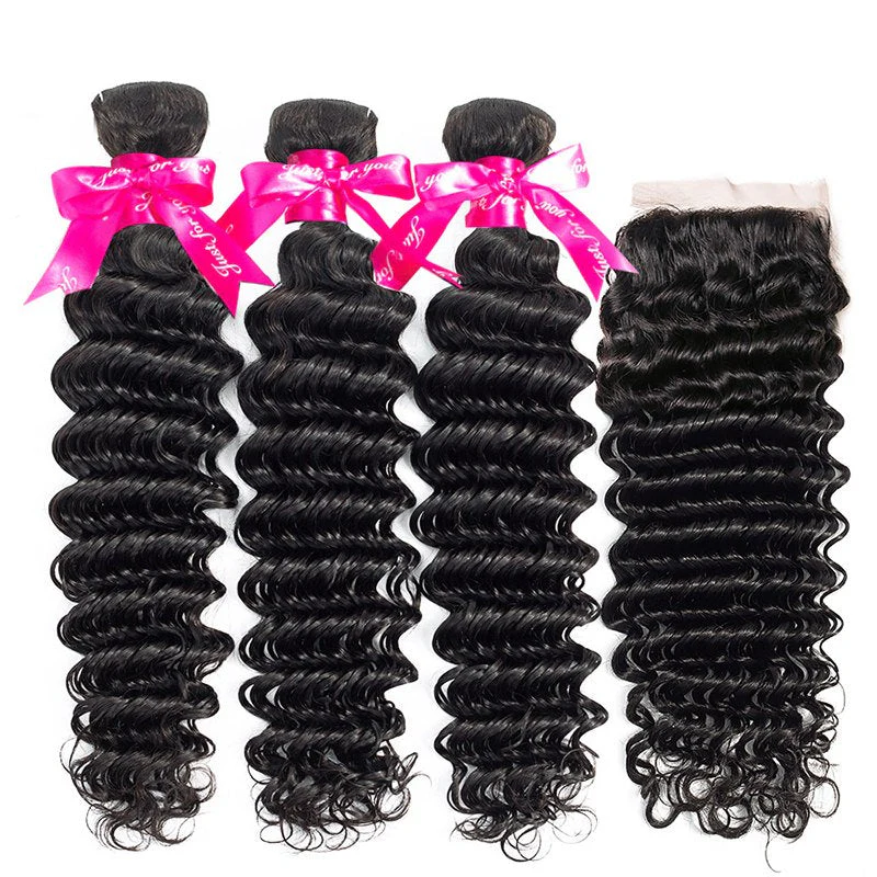 Deep Wave Human Hair 3 Bundles With 4x4 Lace Closure - Image 2