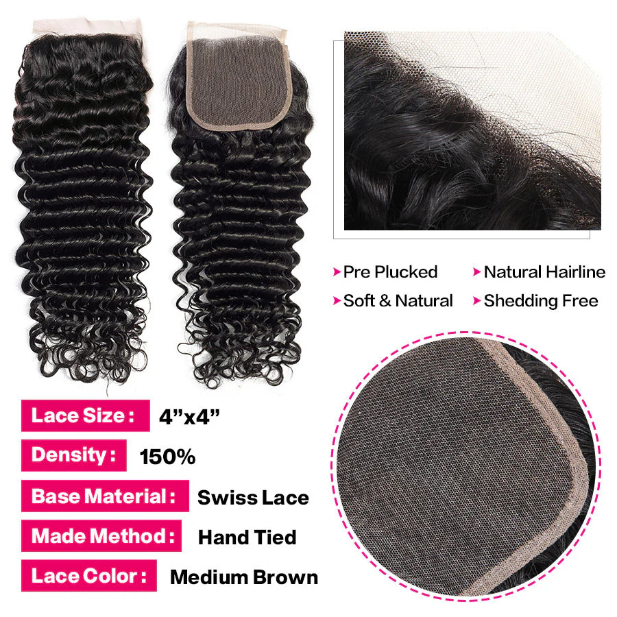 Deep Wave Human Hair 3 Bundles With 4x4 Lace Closure - Image 3