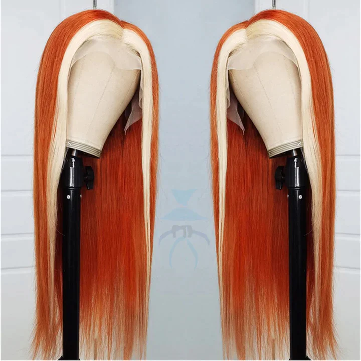 Ginger Blonde Ombre Wigs Skunk Stripe Straight 13x4 HD Lace Wig - Image 3