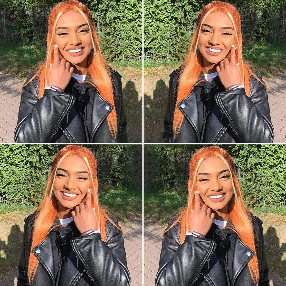Ginger Blonde Ombre Wigs Skunk Stripe Straight 13x4 HD Lace Wig - Image 4