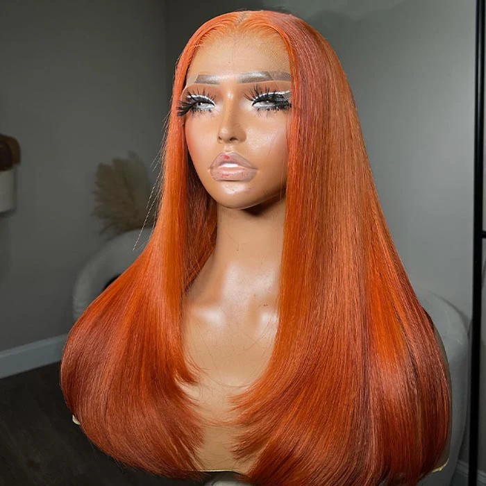 Ginger Orange Layered Cut HD Lace Front Wig With Butterfly Wolf Cut #350 Burnt Orange Straight Wig - Image 3