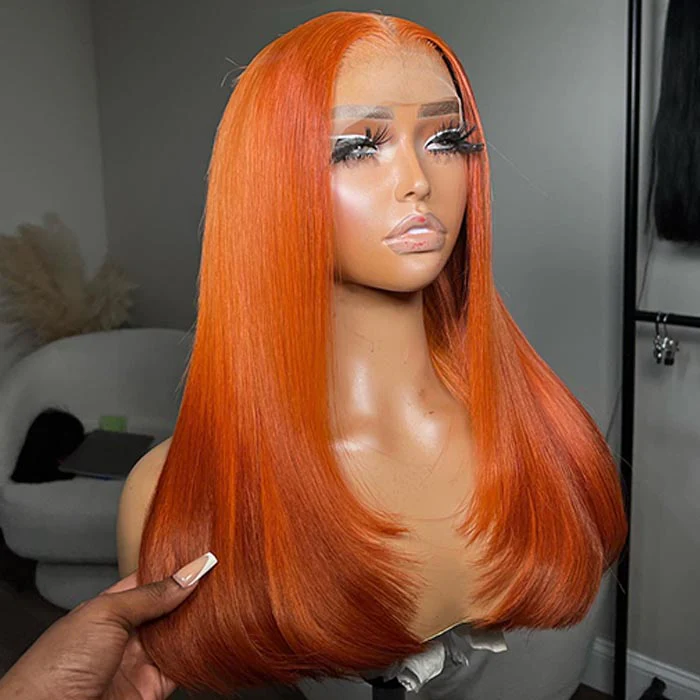 Ginger Orange Layered Cut HD Lace Front Wig With Butterfly Wolf Cut #350 Burnt Orange Straight Wig - Image 4