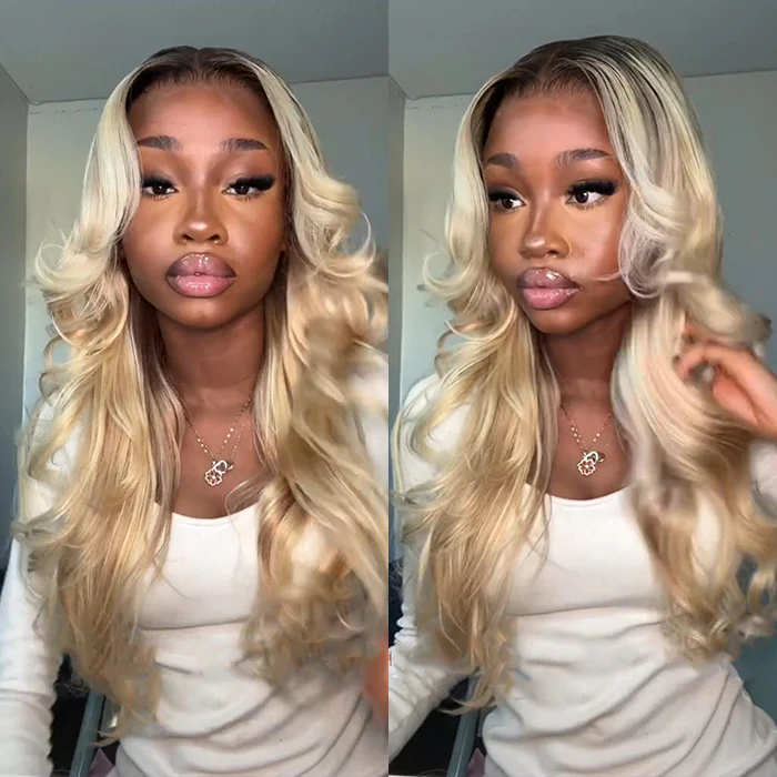 Glueless Ash Blonde Highlight Wig with Dark Roots P18/613 Curtain Bangs Body Wave Human Hair Wigs - Image 2