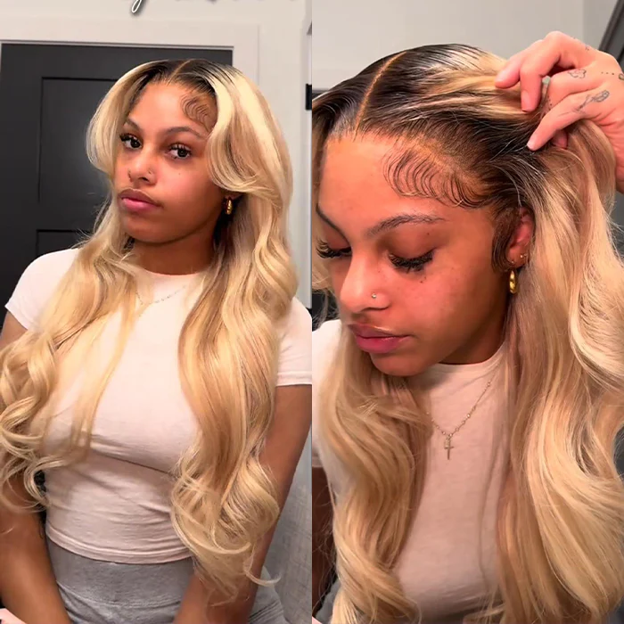 Glueless Ash Blonde Highlight Wig with Dark Roots P18/613 Curtain Bangs Body Wave Human Hair Wigs - Image 3