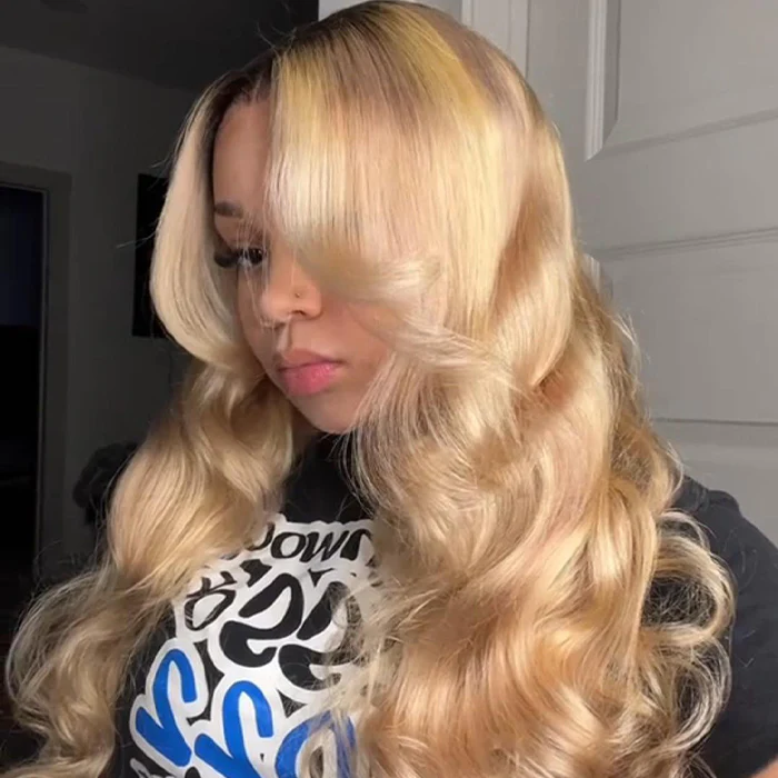 Glueless Ash Blonde Highlight Wig with Dark Roots P18/613 Curtain Bangs Body Wave Human Hair Wigs - Image 4