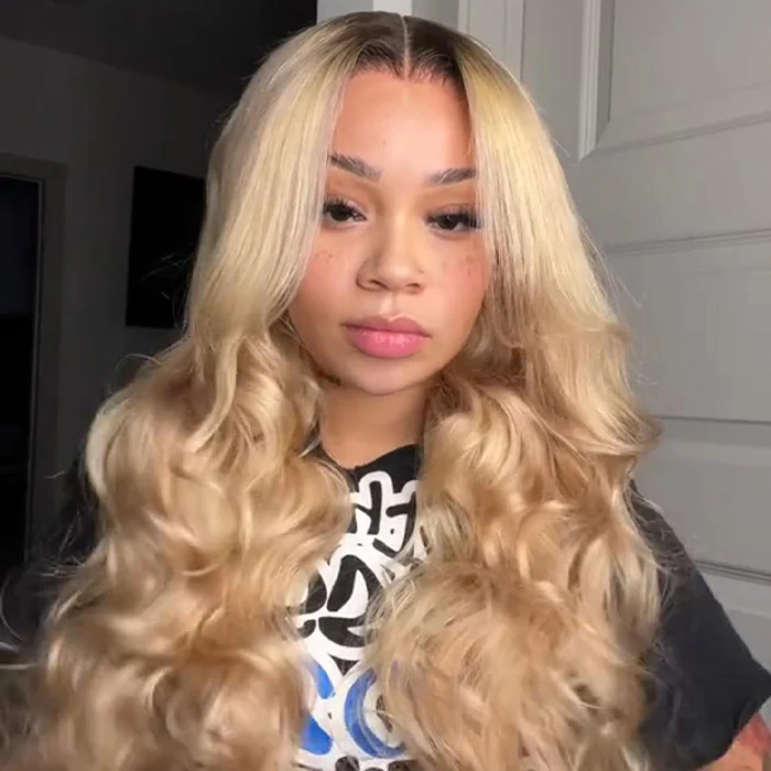 Glueless Ash Blonde Highlight Wig with Dark Roots P18/613 Curtain Bangs Body Wave Human Hair Wigs - Image 5