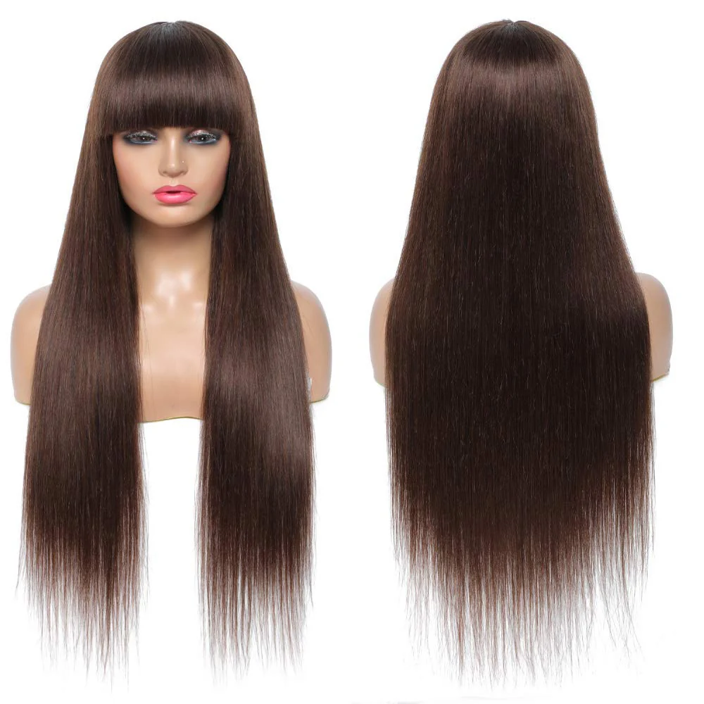 Glueless Brown Human Hair Wigs Straight Wig With Bangs Beginner Friendly - Image 3