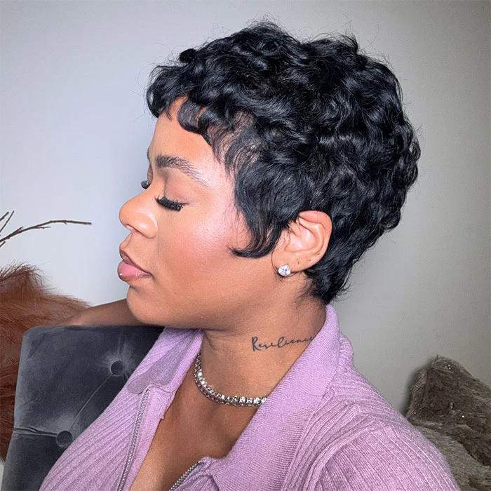 Glueless Curly Pixie Wig with Drawstring Cap Pre Styled Human Hair Machine Made Short Pixie Cut Wig