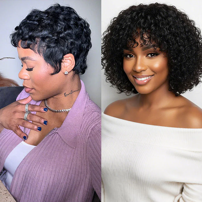 Glueless Curly Pixie Wig with Drawstring Cap Pre Styled Human Hair Machine Made Short Pixie Cut Wig - Image 7