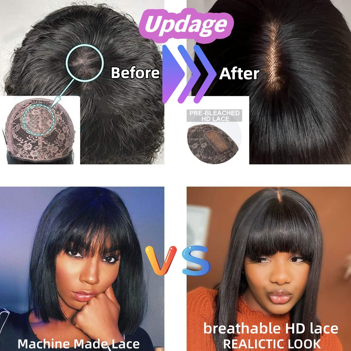 Glueless Human Hair Wigs with Bangs Straight Bob 2x4 HD Lace Wigs With Bangs - Image 3