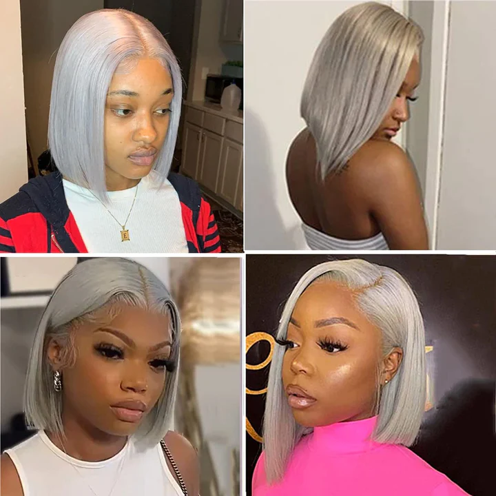 Grey Bob Wigs Straight 13x4 HD Transparent Lace Front Wigs 100% Human Virgin Hair Wigs - Image 5