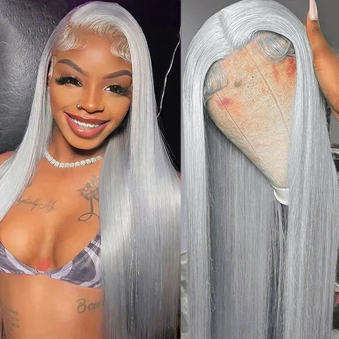 Grey Human Hair Straight Wig 13x4 HD Lace Frontal Wig Colored Human Hair Wigs For Women - Image 3