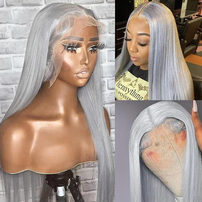 Grey Human Hair Straight Wig 13x4 HD Lace Frontal Wig Colored Human Hair Wigs For Women - Image 4