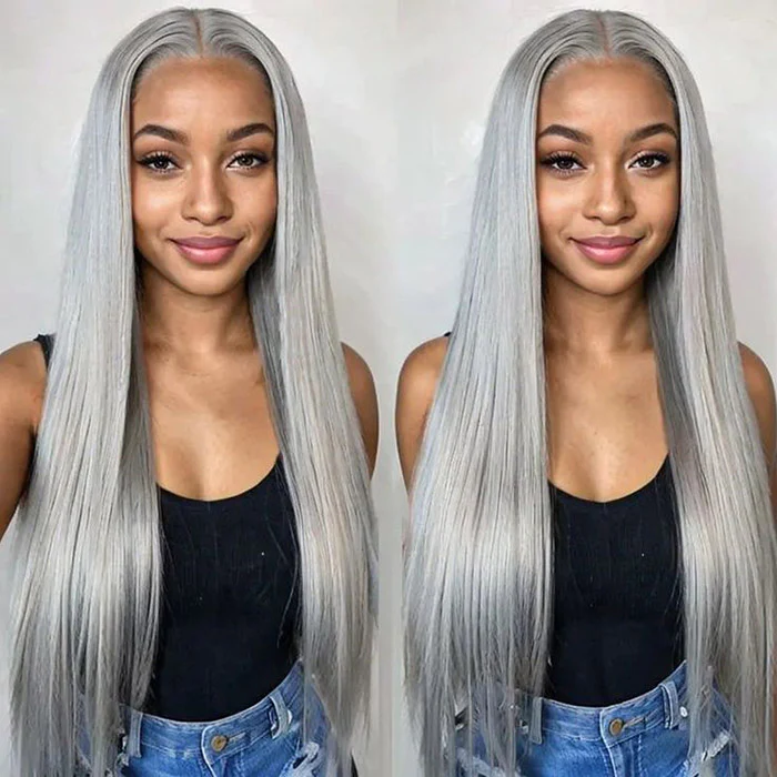 Grey Human Hair Straight Wig 13x4 HD Lace Frontal Wig Colored Human Hair Wigs For Women - Image 5