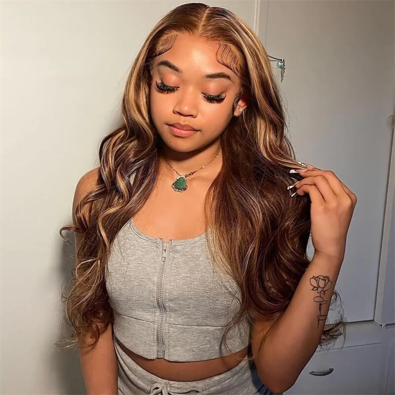 Ombre Highlight Wigs 13x4 Lace Front Wigs Human Hair Body Wave Wigs #4/27 Glueless Wigs - Image 4