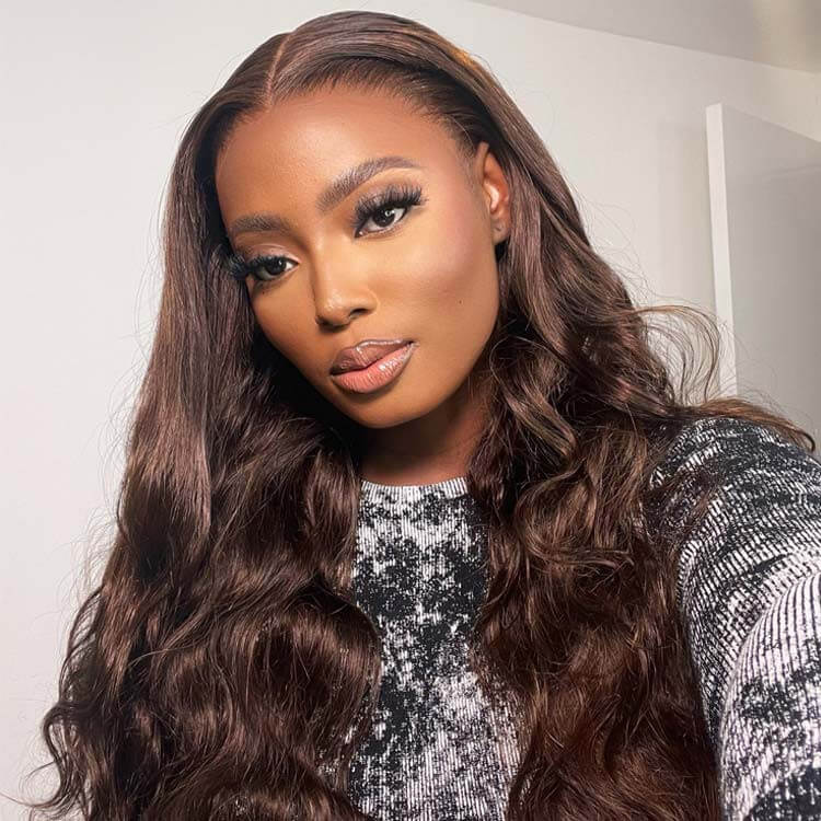 HD Transparent Lace Closure Wigs Body Wave Wig Human Hair Dark Brown Colored Wig - Image 4