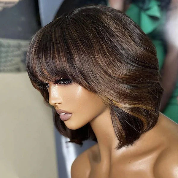 Highlight Blonde Bob Wig with Bangs Mix Color Short Straight Human Hair Wigs with Fringe Bangs - Image 4