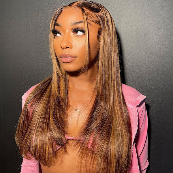 Highlight Blonde Brown Layered Cut Straight HD Lace Frontal Wig Colored Balayage Human Hair Wigs - Image 4