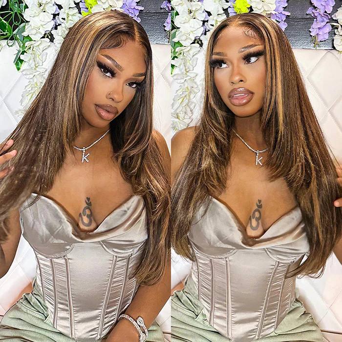 Highlight Blonde Brown Layered Cut Straight HD Lace Frontal Wig Colored Balayage Human Hair Wigs - Image 5
